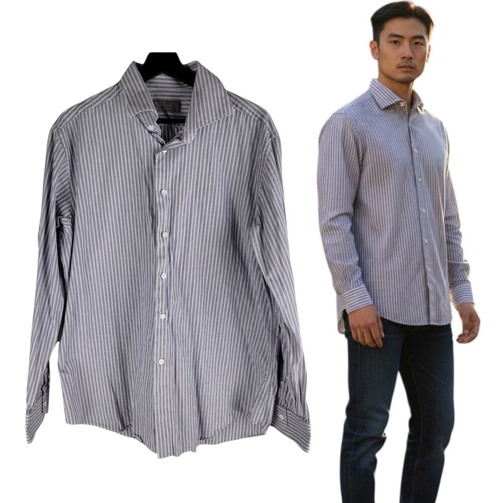 Canali Long Sleeve Button Up Dress Shirt Striped Purple Size 17